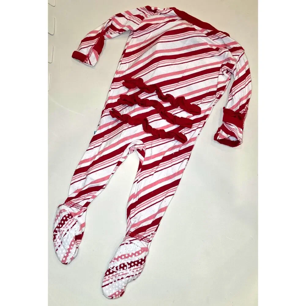 Kickee Pants pink‎ red striped, footed bamboo, pajamas with ruffles sz 0-3mo